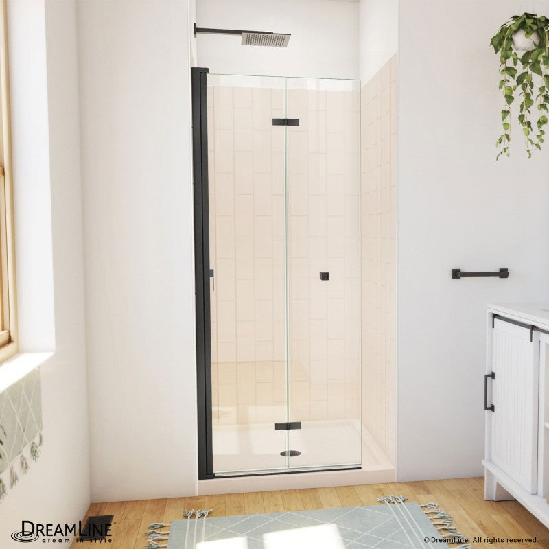 Aqua-Q Frameless Bi-Fold Shower Door Kit with Subway Style Wall and Biscuit Shower Base Pan