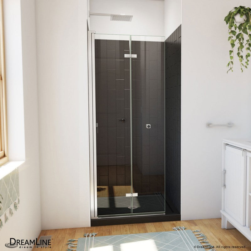 Aqua-Q Frameless Bi-Fold Shower Door Kit with Subway Style Wall and Black Shower Base Pan