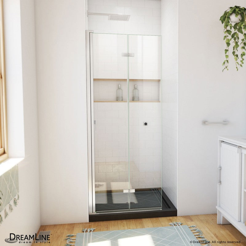 Aqua-Q Frameless Bi-Fold Shower Door Kit with Subway Style Wall, Storage Niche, and Black Shower Base Pan