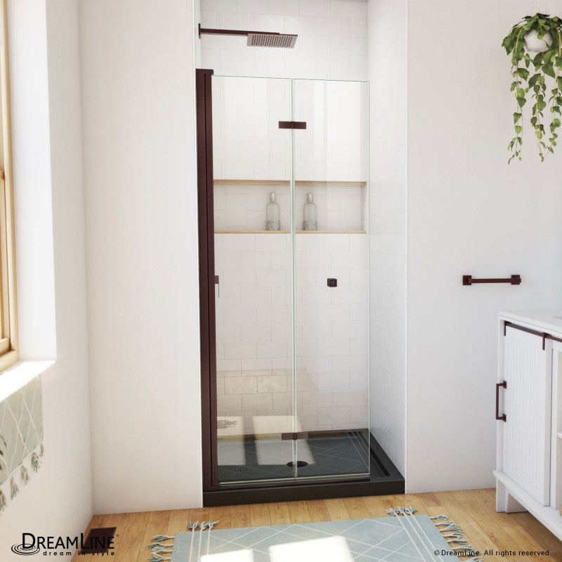 Aqua-Q Frameless Bi-Fold Shower Door Kit with Subway Style Wall, Storage Niche, and Black Shower Base Pan