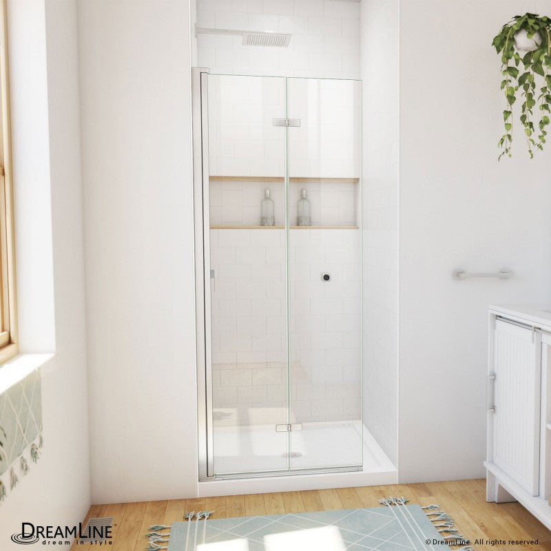 Aqua-Q Frameless Bi-Fold Shower Door Kit with Subway Style Wall, Storage Niche, and White Shower Base Pan