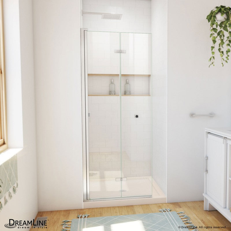 Aqua-Q Frameless Bi-Fold Shower Door Kit with Subway Style Wall, Storage Niche, and Biscuit Shower Base Pan