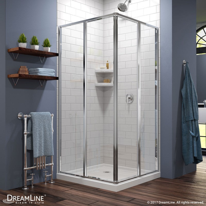 Cornerview Framed Corner Enclosure Center Sliding Shower Door Kit with White Shower Base Pan