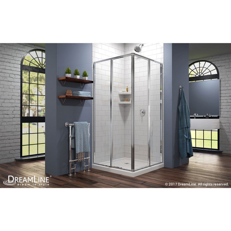 Cornerview Framed Corner Enclosure Center Sliding Shower Door Kit with White Shower Base Pan
