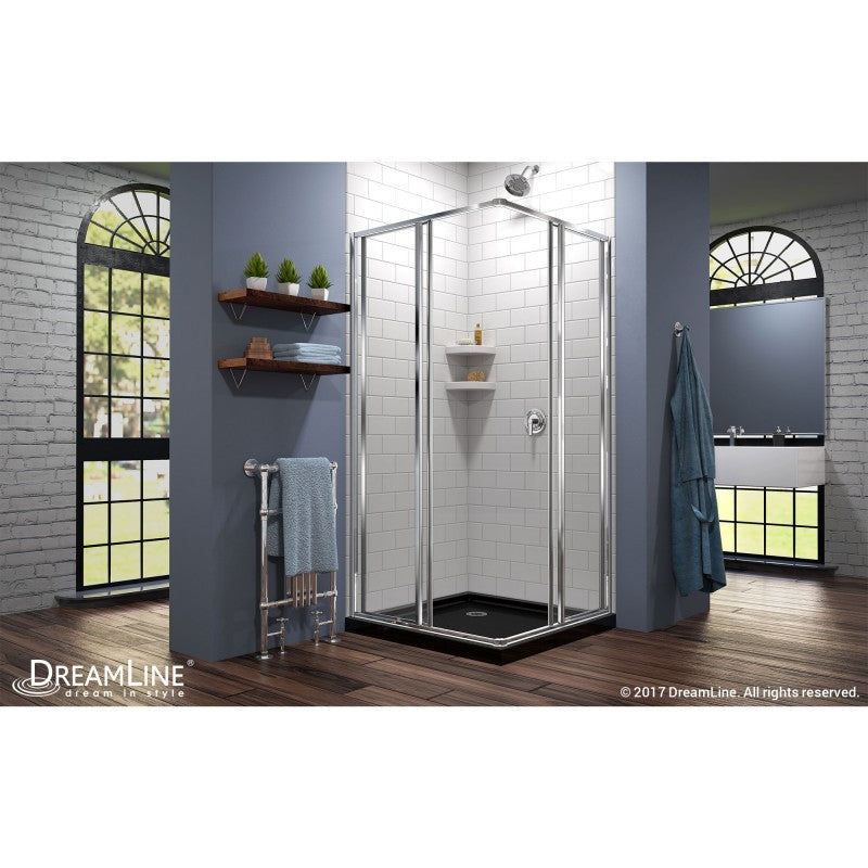 Cornerview Framed Corner Enclosure Center Sliding Shower Door Kit with Black Shower Base Pan