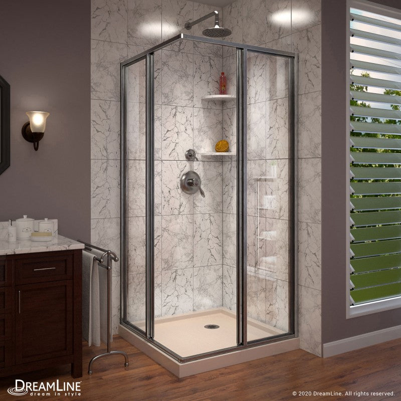 Cornerview Framed Corner Enclosure Center Sliding Shower Door Kit with Biscuit Shower Base Pan