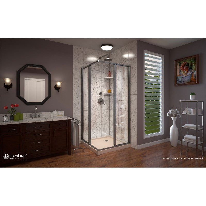 Cornerview Framed Corner Enclosure Center Sliding Shower Door Kit with Biscuit Shower Base Pan