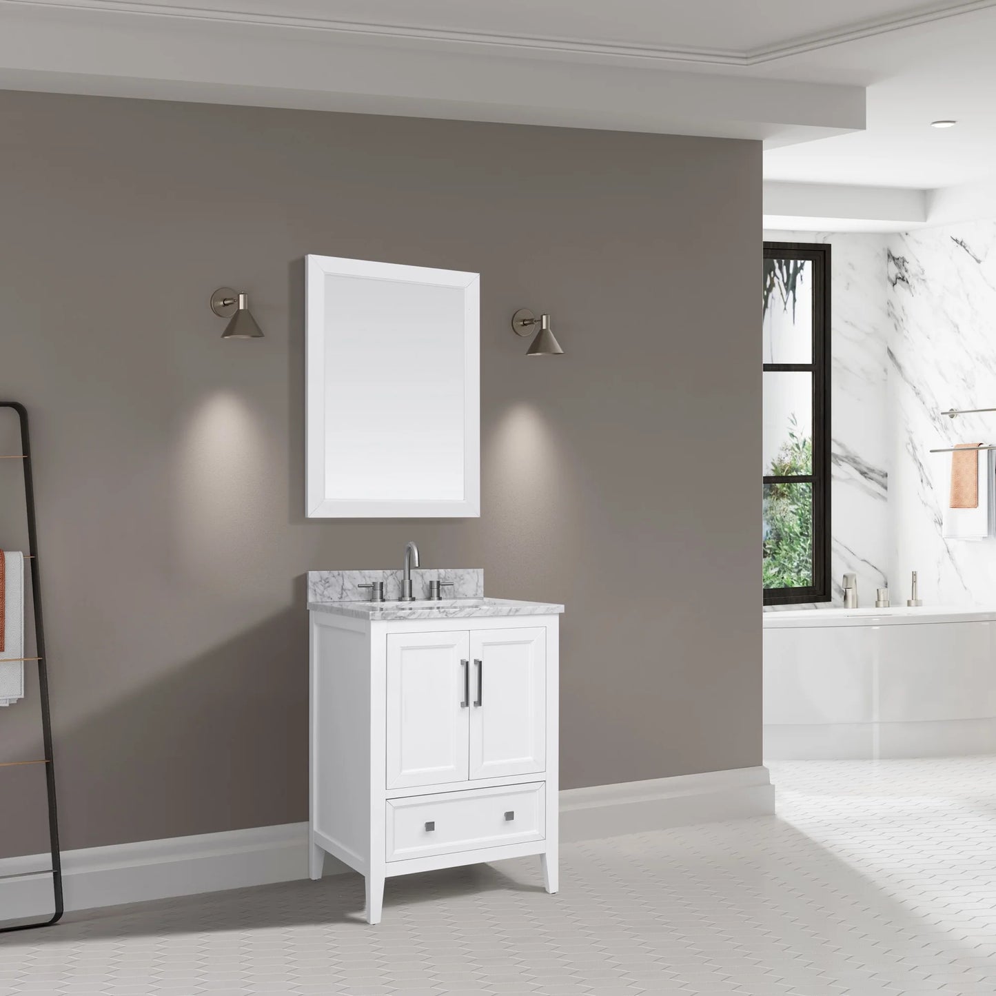 Everette 24" Freestanding Bathroom Vanity with Carrara White Natural Marble Top and Vitreous China Undermount Sink