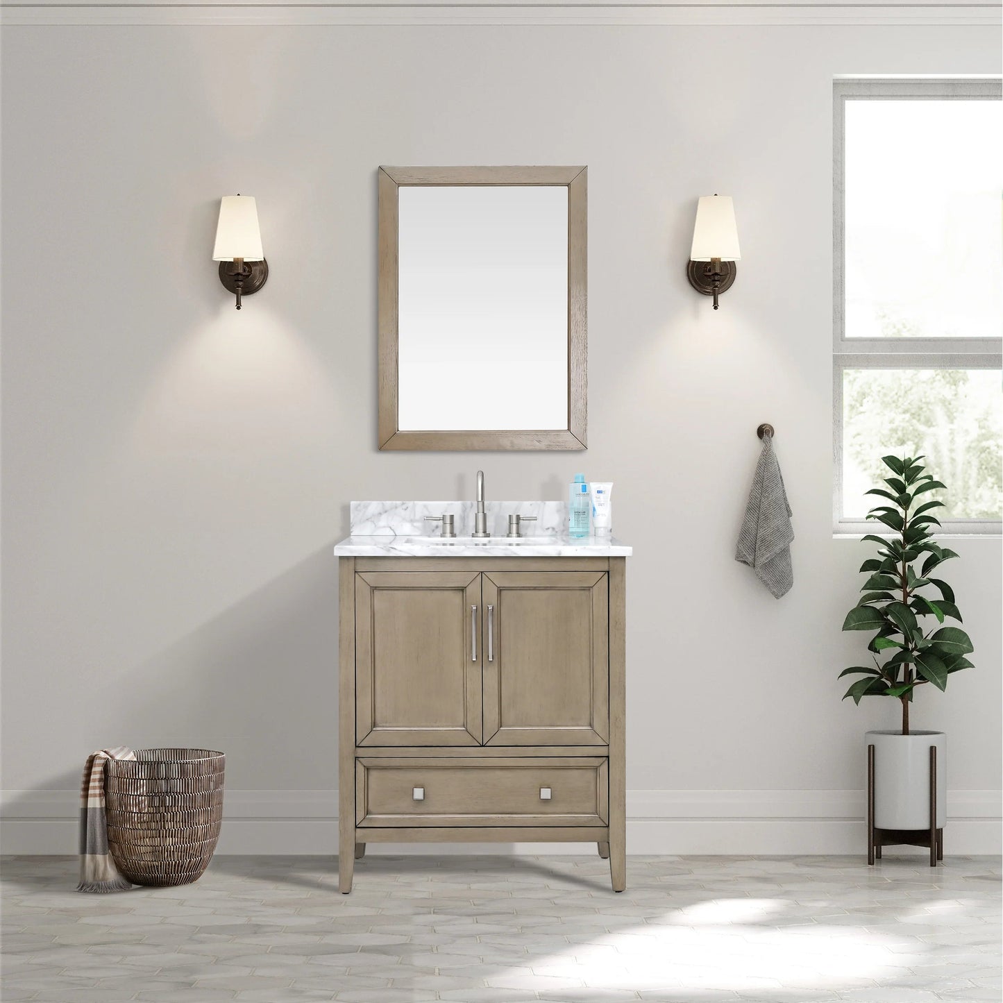 Everette 30" Freestanding Bathroom Vanity with Carrara White Natural Marble Top and Vitreous China Undermount Sink