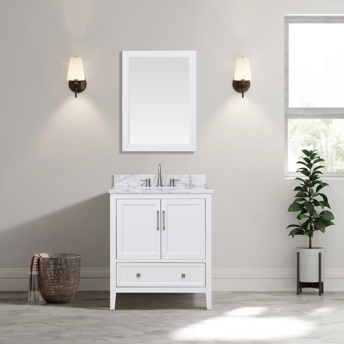 Everette 30" Freestanding Bathroom Vanity with Carrara White Natural Marble Top and Vitreous China Undermount Sink