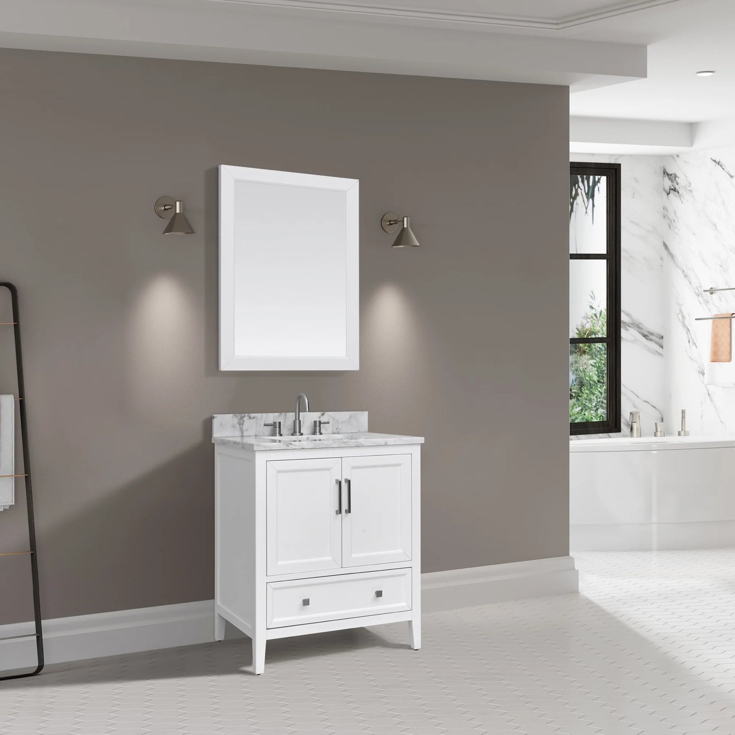 Everette 30" Freestanding Bathroom Vanity with Carrara White Natural Marble Top and Vitreous China Undermount Sink