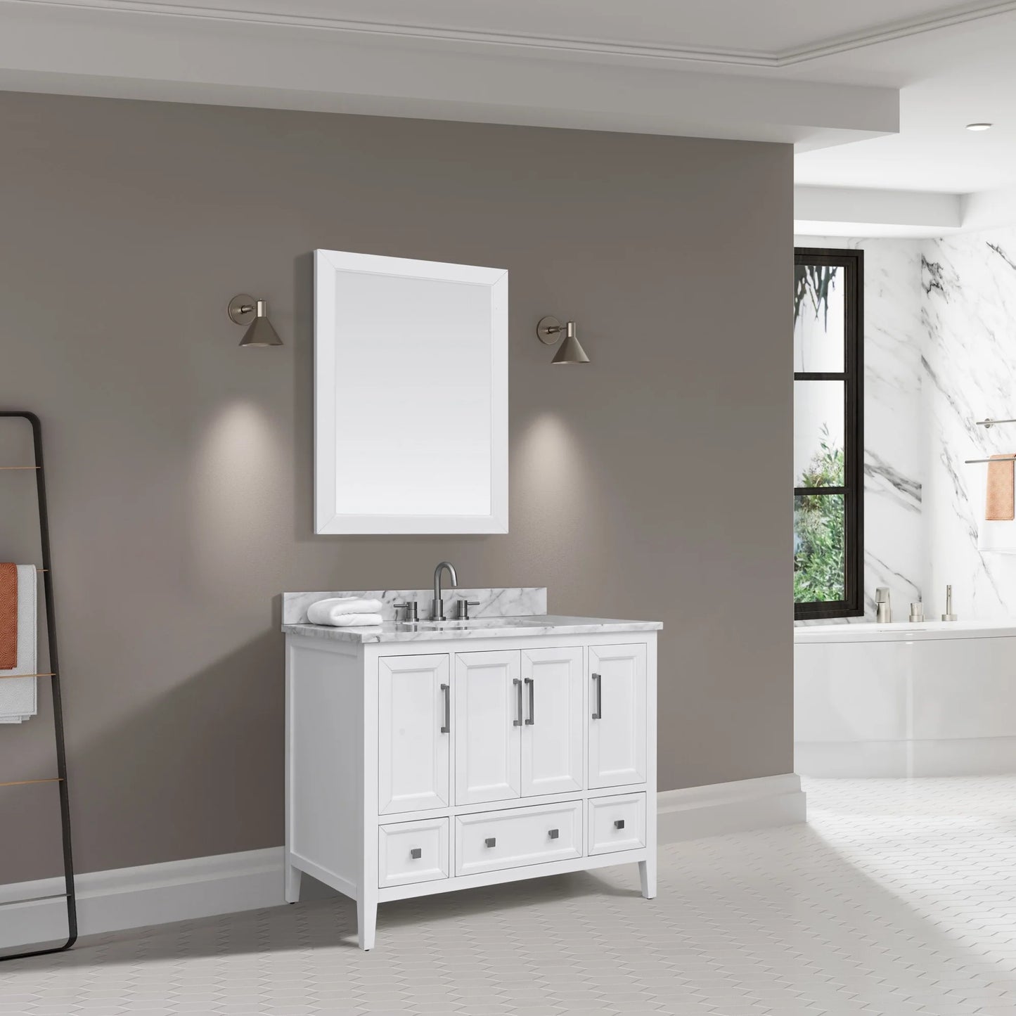 Everette 42" Freestanding Bathroom Vanity with Carrara White Natural Marble Top and Vitreous China Undermount Sink