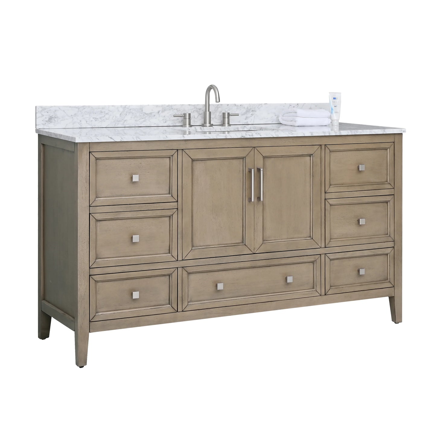 Everette 60" Freestanding Bathroom Vanity with Carrara White Natural Marble Top and Vitreous China Undermount Sink