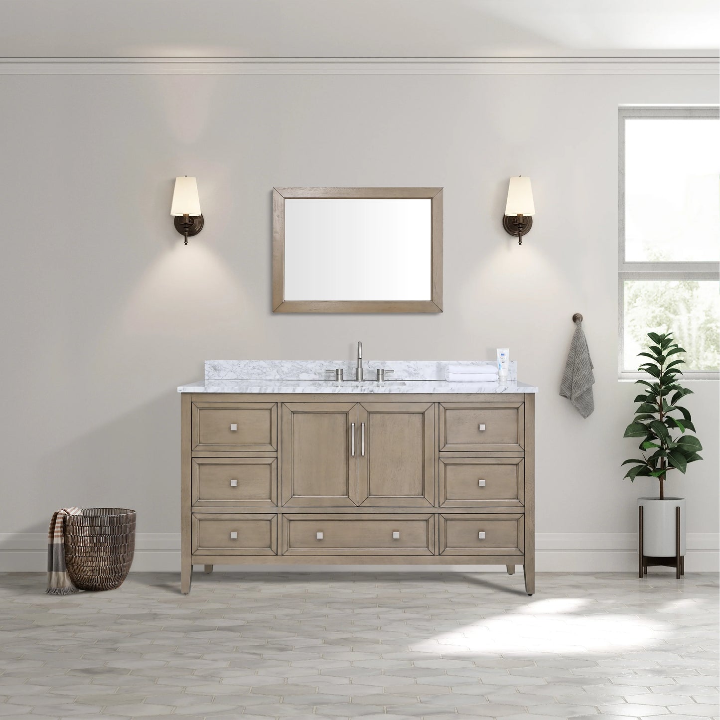 Everette 60" Freestanding Bathroom Vanity with Carrara White Natural Marble Top and Vitreous China Undermount Sink