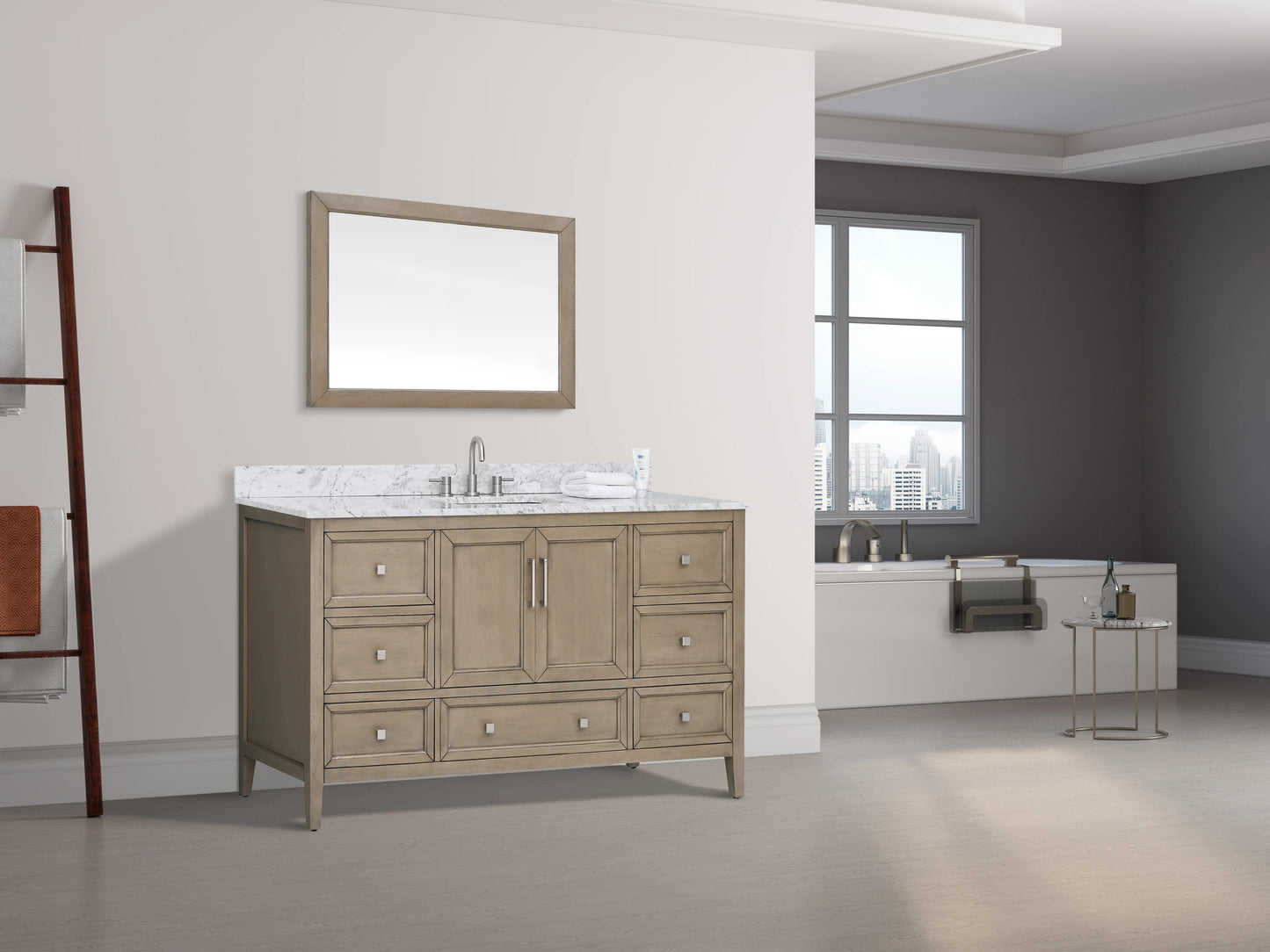 Everette 60" Freestanding Bathroom Vanity with Carrara White Natural Marble Top and Vitreous China Undermount Sink