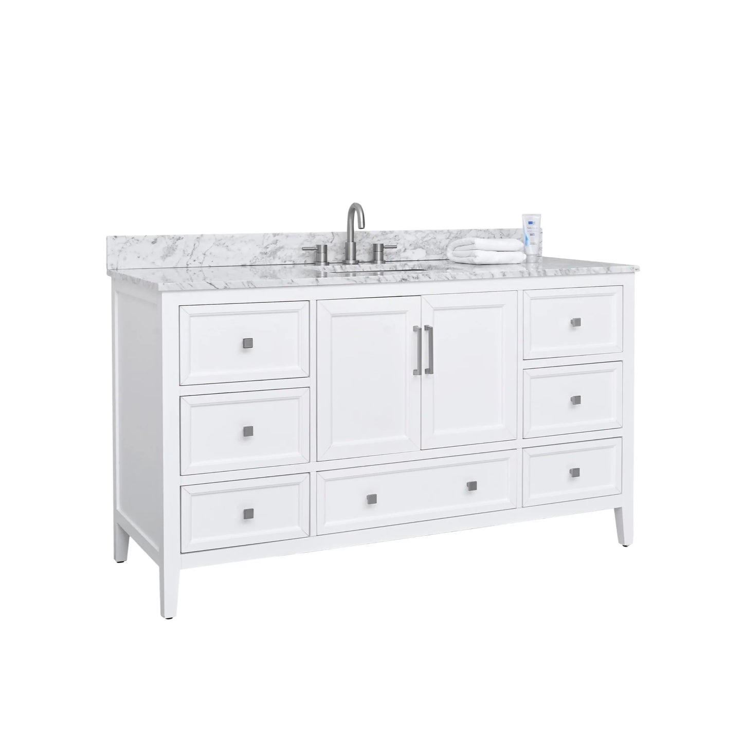 Everette 60" Freestanding Bathroom Vanity with Carrara White Natural Marble Top and Vitreous China Undermount Sink