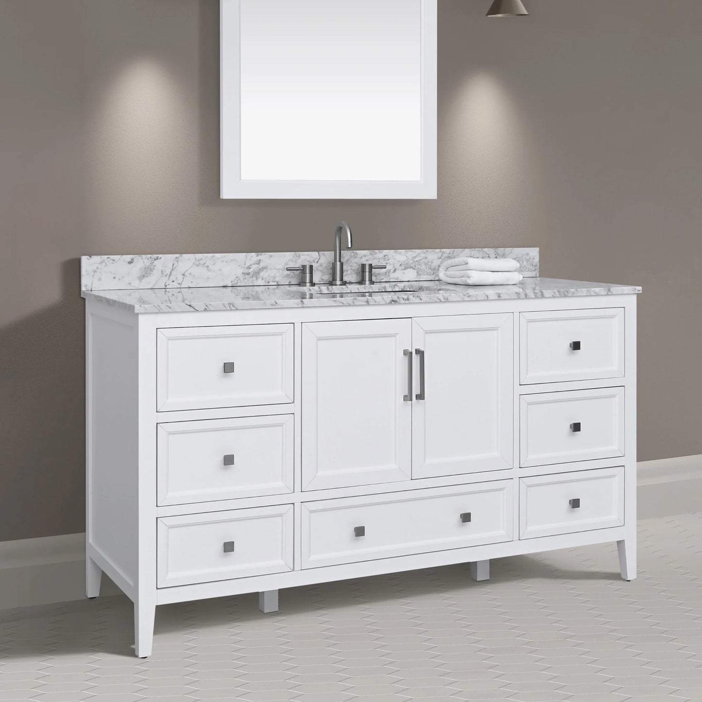 Everette 60" Freestanding Bathroom Vanity with Carrara White Natural Marble Top and Vitreous China Undermount Sink