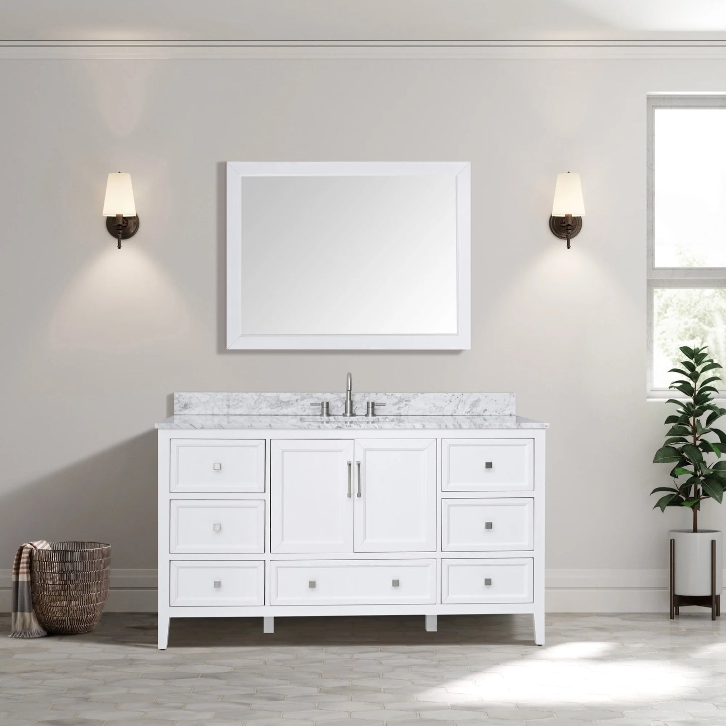 Everette 60" Freestanding Bathroom Vanity with Carrara White Natural Marble Top and Vitreous China Undermount Sink