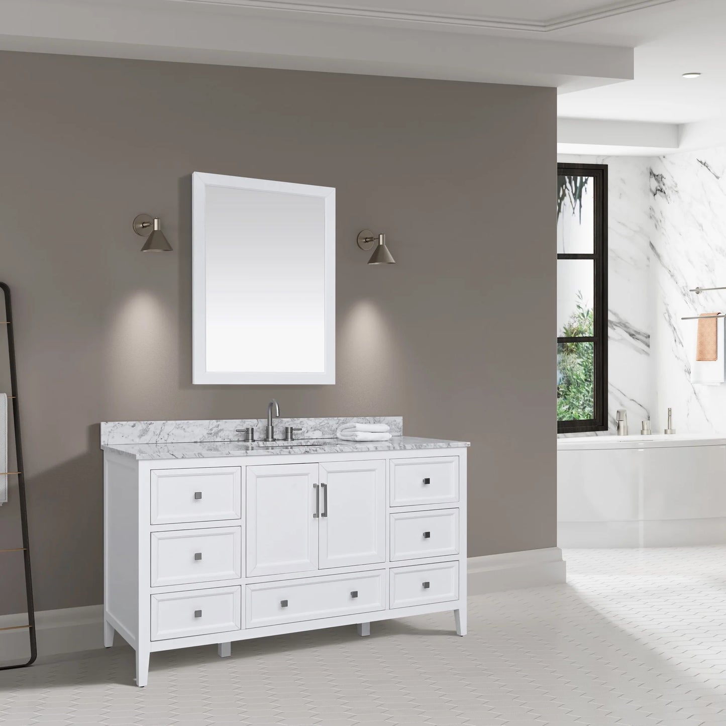 Everette 60" Freestanding Bathroom Vanity with Carrara White Natural Marble Top and Vitreous China Undermount Sink