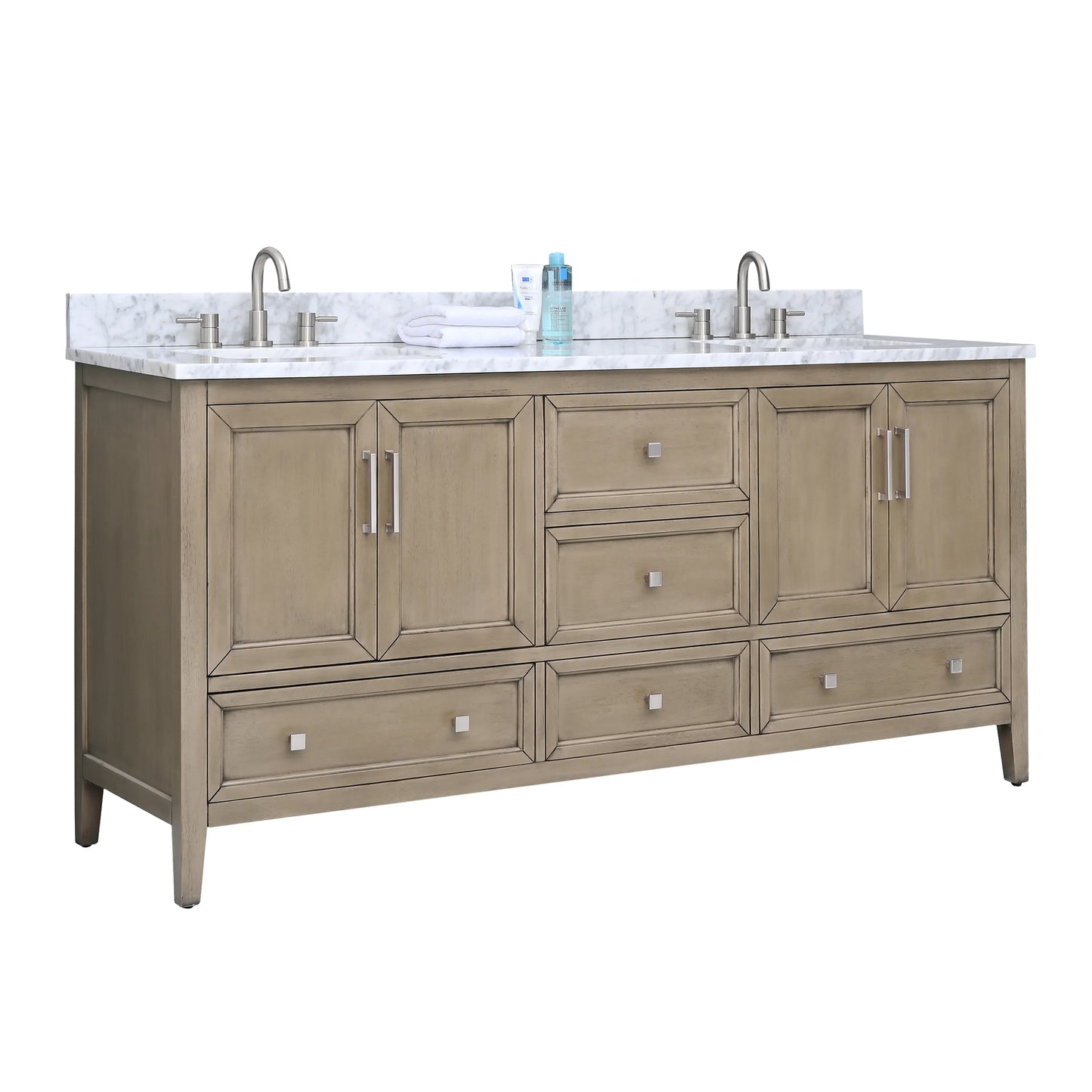 Everette 72" Freestanding Bathroom Vanity with Carrara White Natural Marble Top and Vitreous China Undermount Sinks