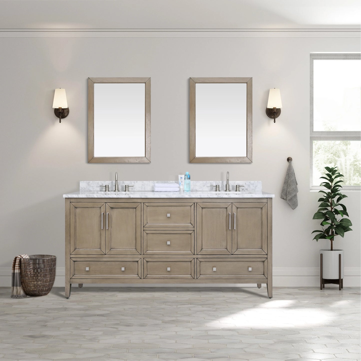 Everette 72" Freestanding Bathroom Vanity with Carrara White Natural Marble Top and Vitreous China Undermount Sinks