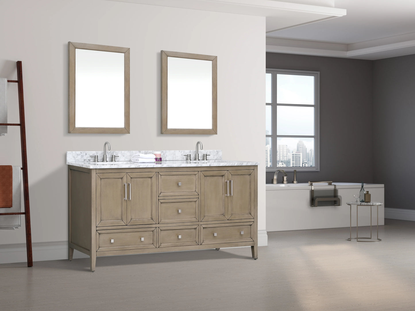 Everette 72" Freestanding Bathroom Vanity with Carrara White Natural Marble Top and Vitreous China Undermount Sinks