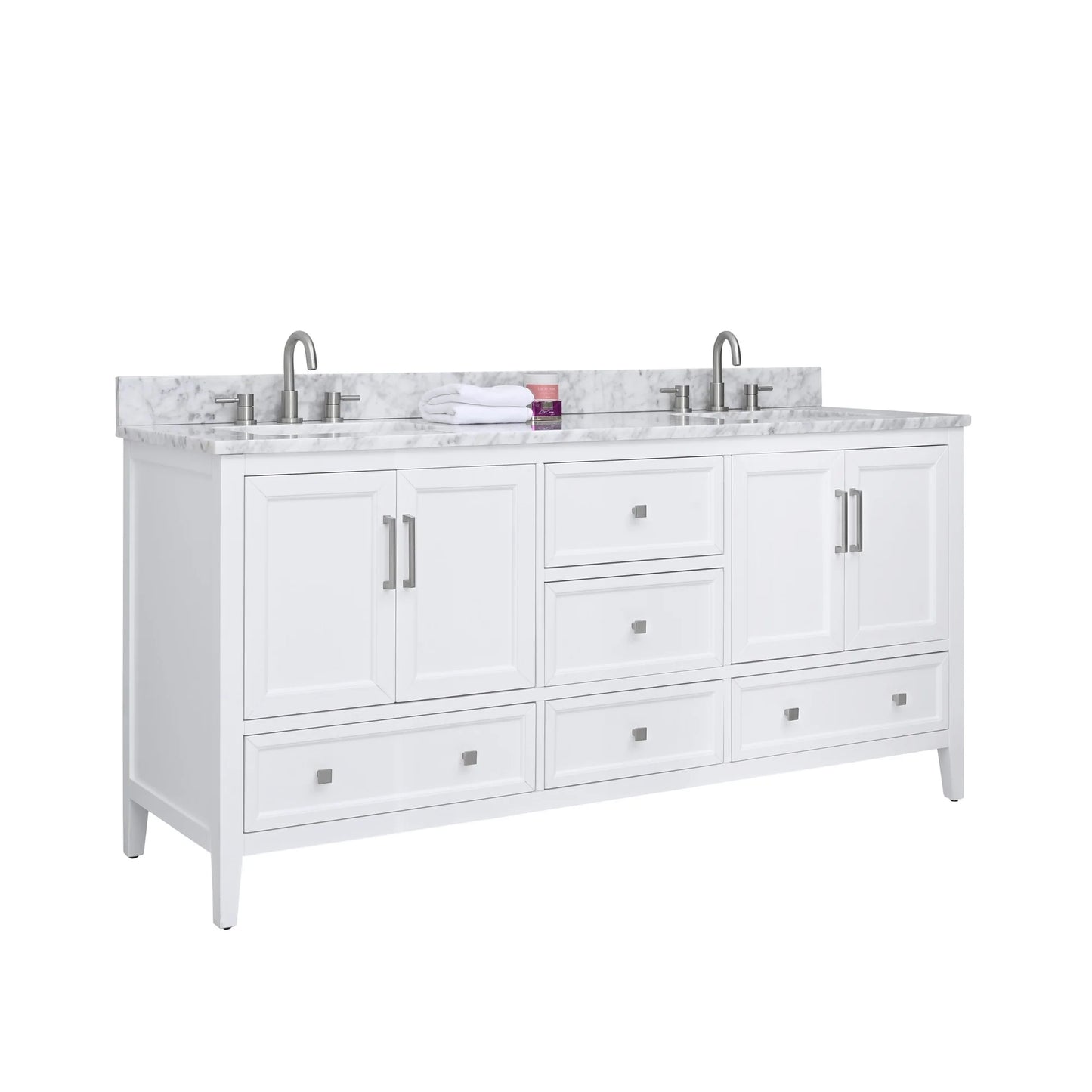 Everette 72" Freestanding Bathroom Vanity with Carrara White Natural Marble Top and Vitreous China Undermount Sinks