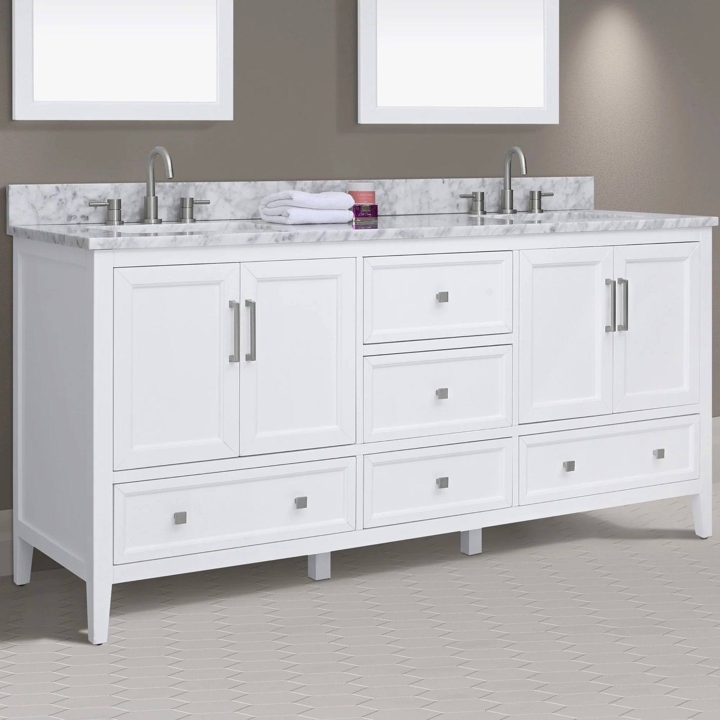 Everette 72" Freestanding Bathroom Vanity with Carrara White Natural Marble Top and Vitreous China Undermount Sinks