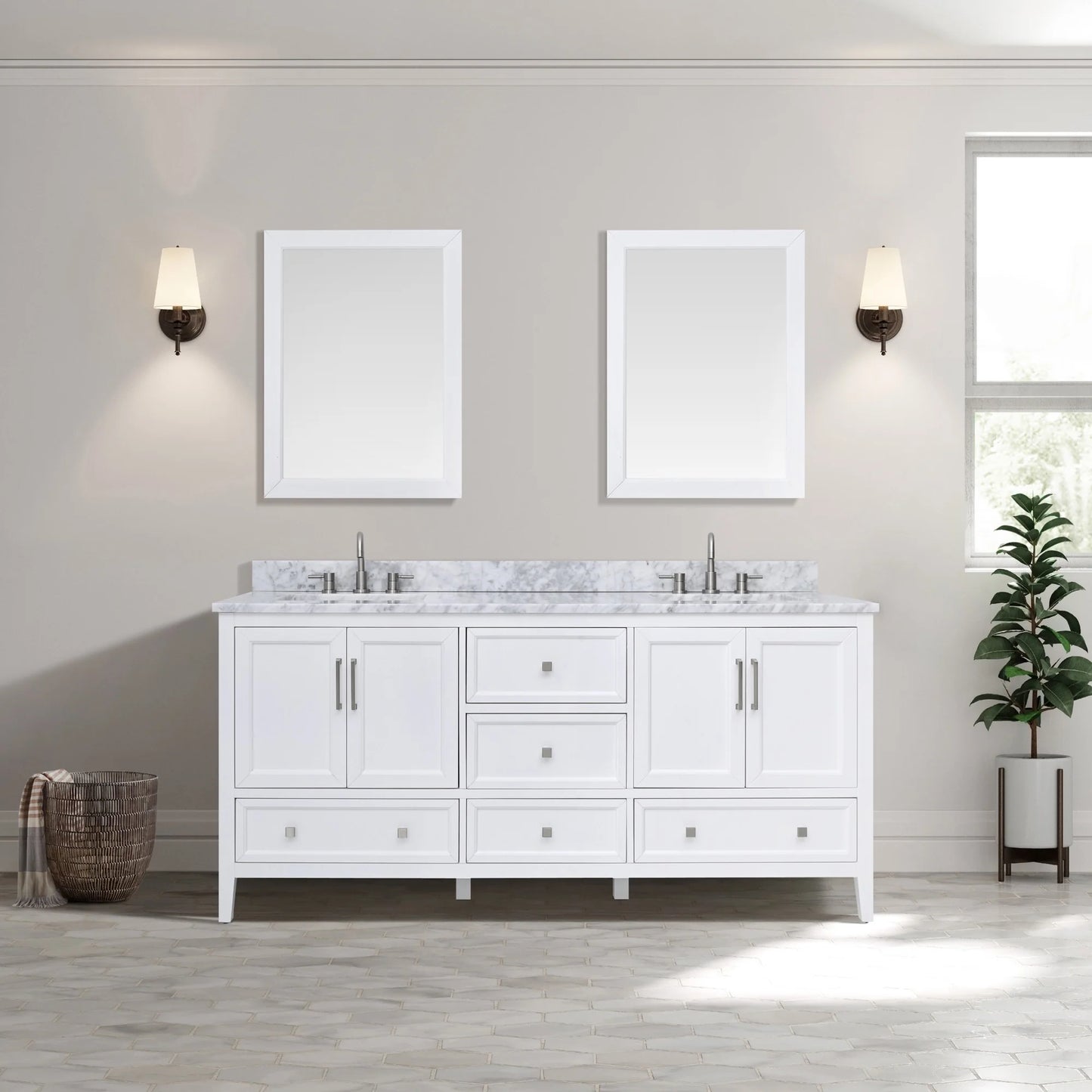 Everette 72" Freestanding Bathroom Vanity with Carrara White Natural Marble Top and Vitreous China Undermount Sinks