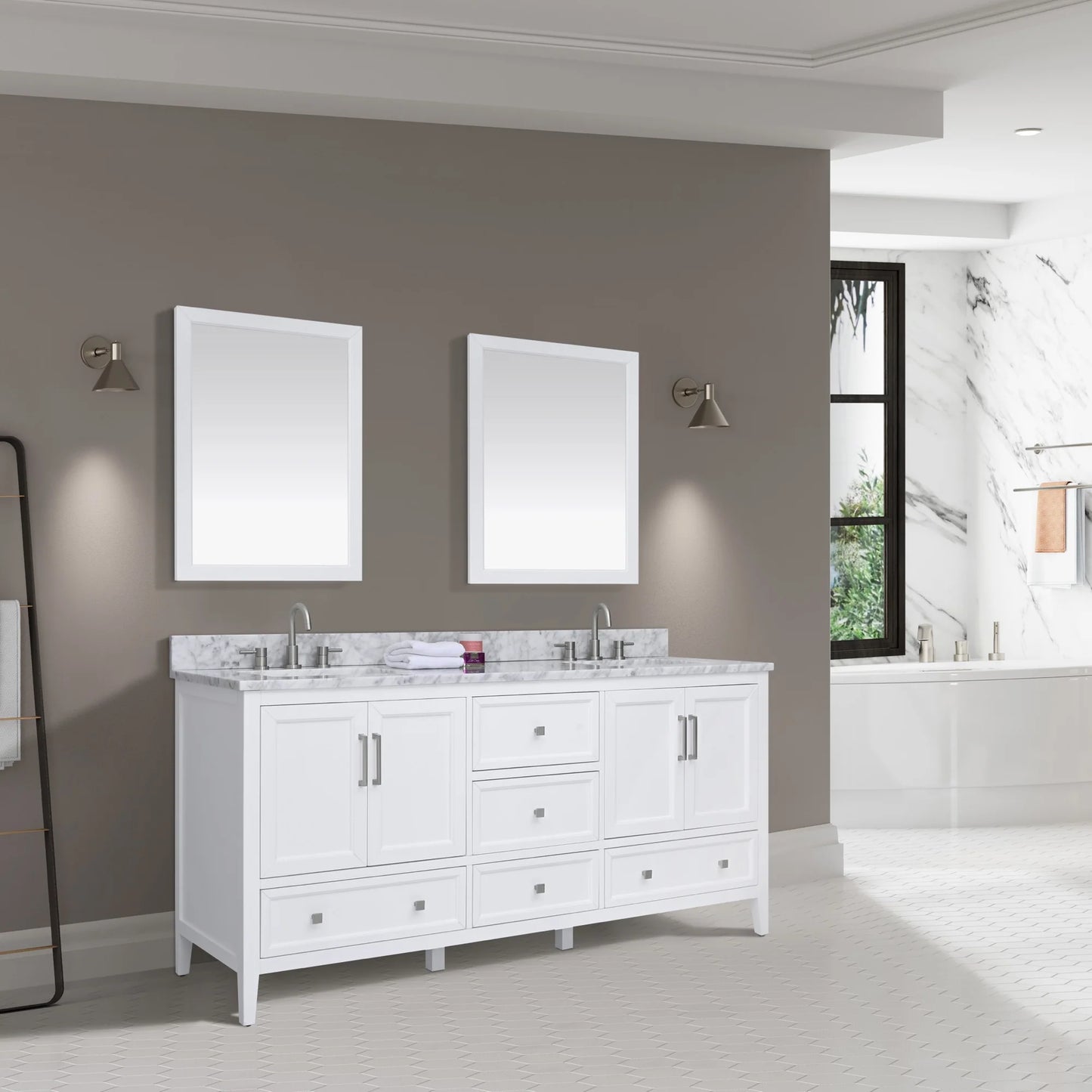 Everette 72" Freestanding Bathroom Vanity with Carrara White Natural Marble Top and Vitreous China Undermount Sinks