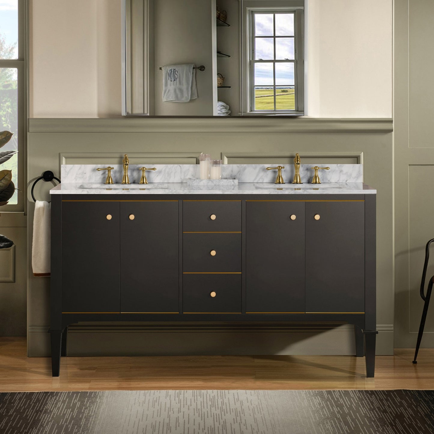 Roma 60" Freestanding Bathroom Vanity with Stone Top and Porcelain Undermount Sinks
