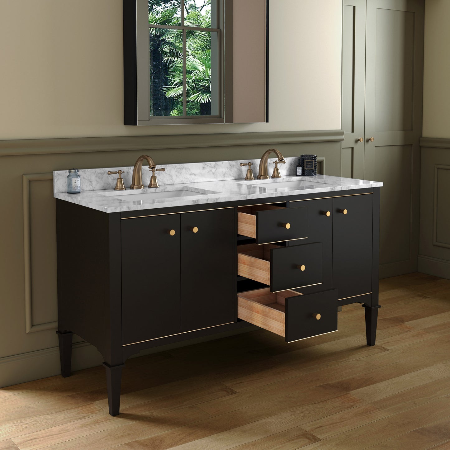 Roma 60" Freestanding Bathroom Vanity with Stone Top and Porcelain Undermount Sinks