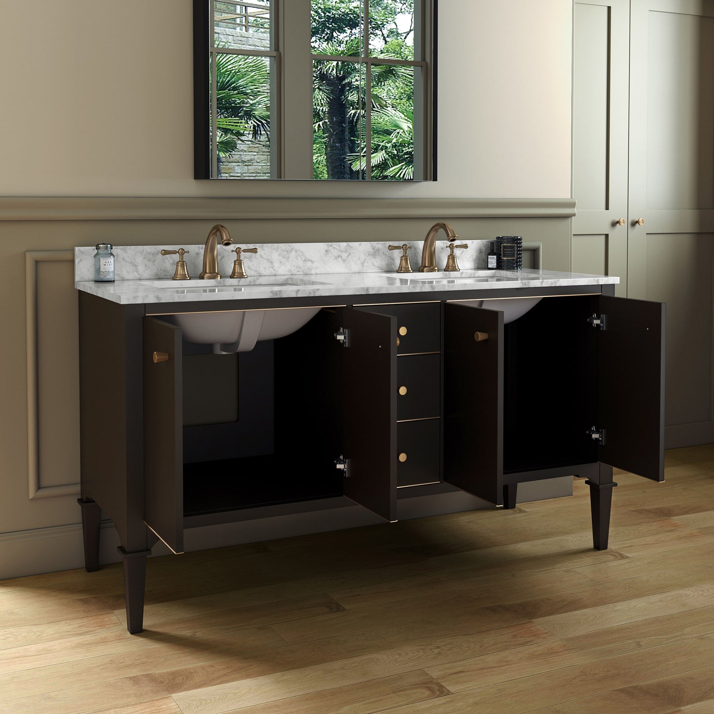 Roma 60" Freestanding Bathroom Vanity with Stone Top and Porcelain Undermount Sinks