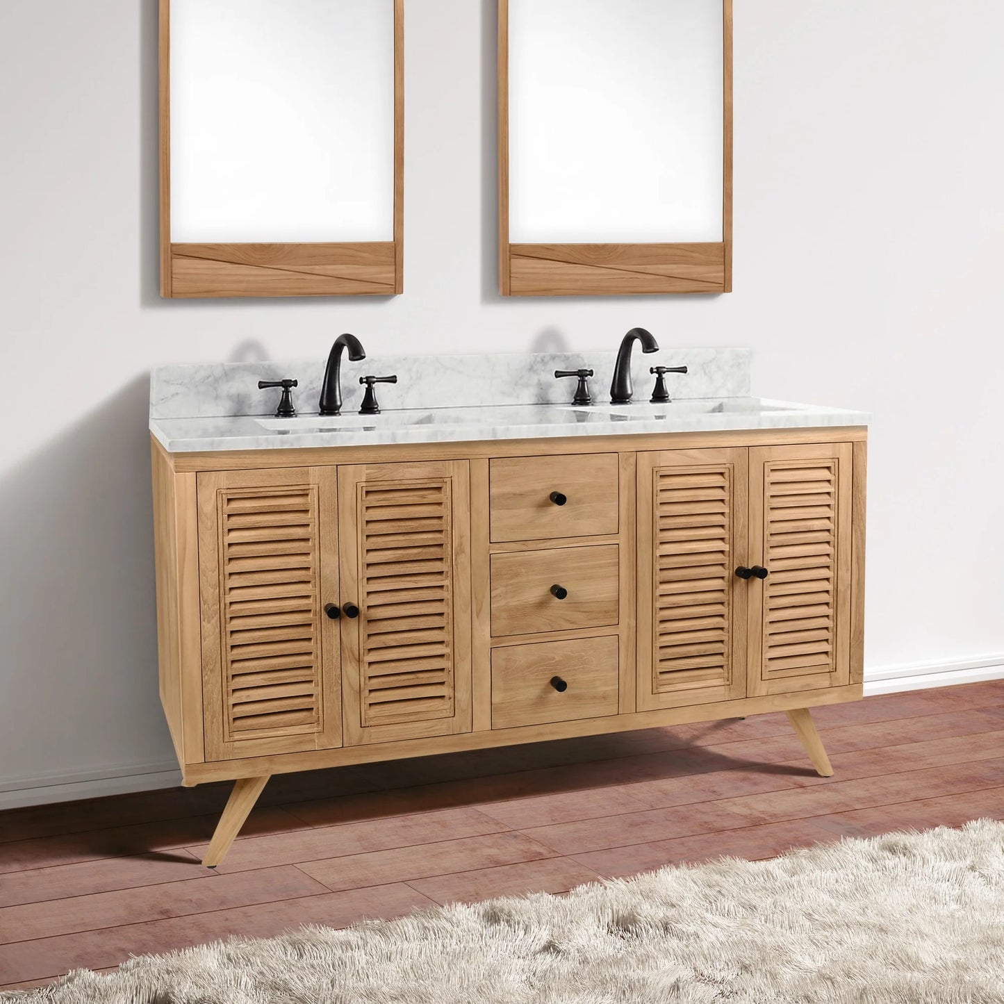 Harper 60" Freestanding Bathroom Vanity with Carrara White Natural Marble Top and Vitreous China Undermount Sinks