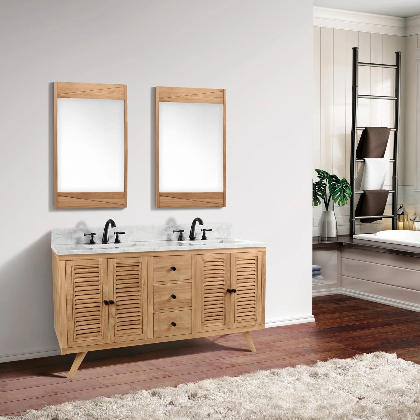 Harper 60" Freestanding Bathroom Vanity with Carrara White Natural Marble Top and Vitreous China Undermount Sinks