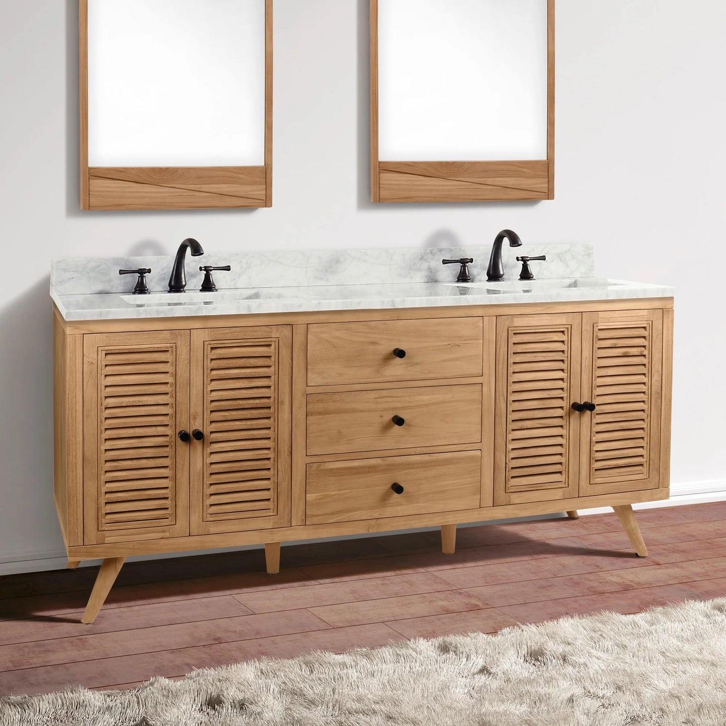 Harper 72" Freestanding Bathroom Vanity with Carrara White Natural Marble Top and Vitreous China Undermount Sinks