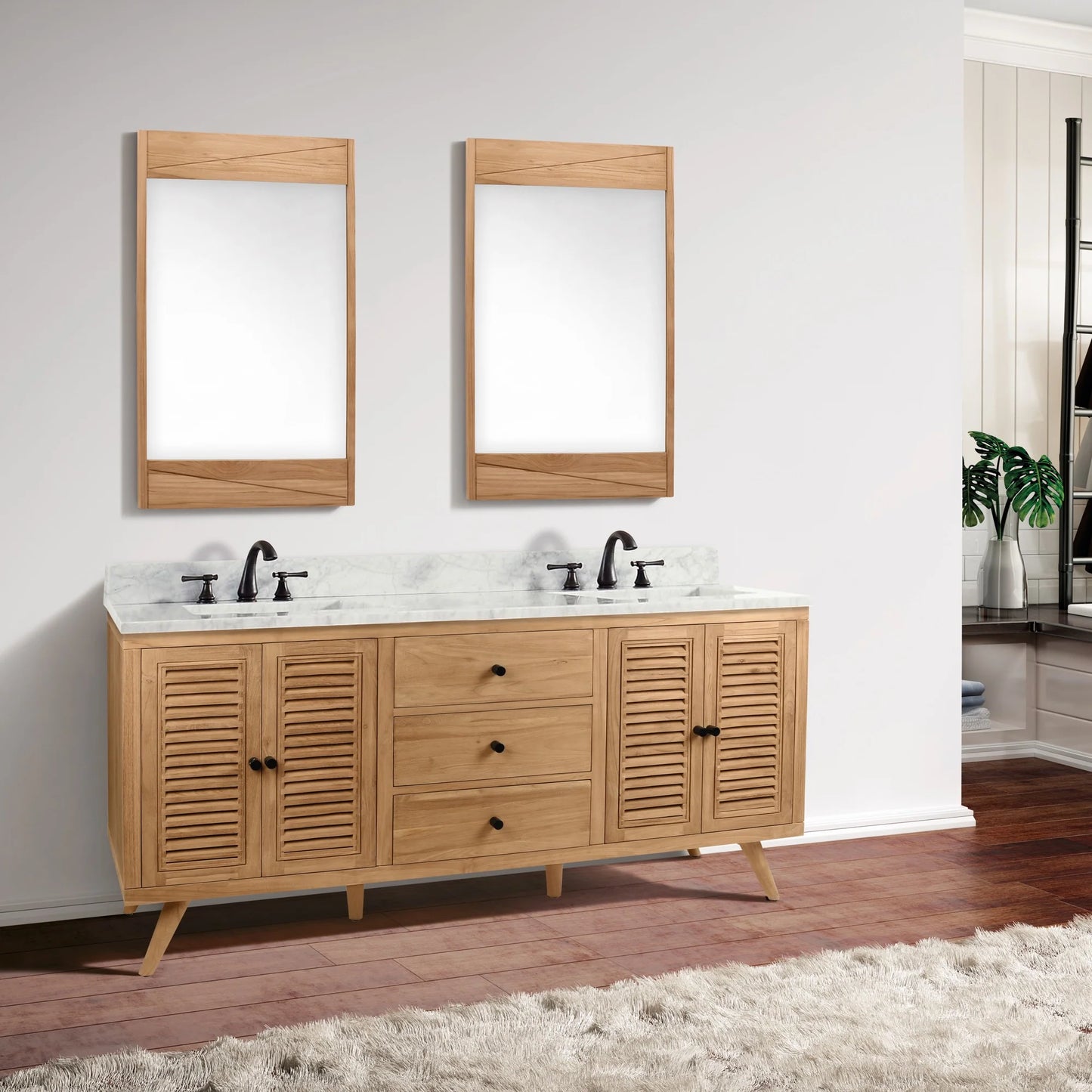 Harper 72" Freestanding Bathroom Vanity with Carrara White Natural Marble Top and Vitreous China Undermount Sinks