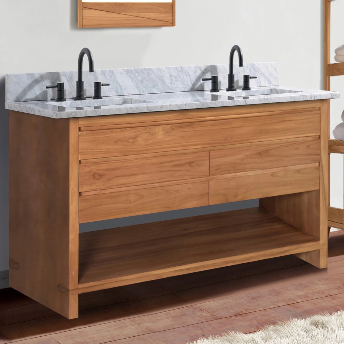 Kai 48" Freestanding Bathroom Vanity with Carrara White Natural Marble Top and Vitreous China Undermount Sinks