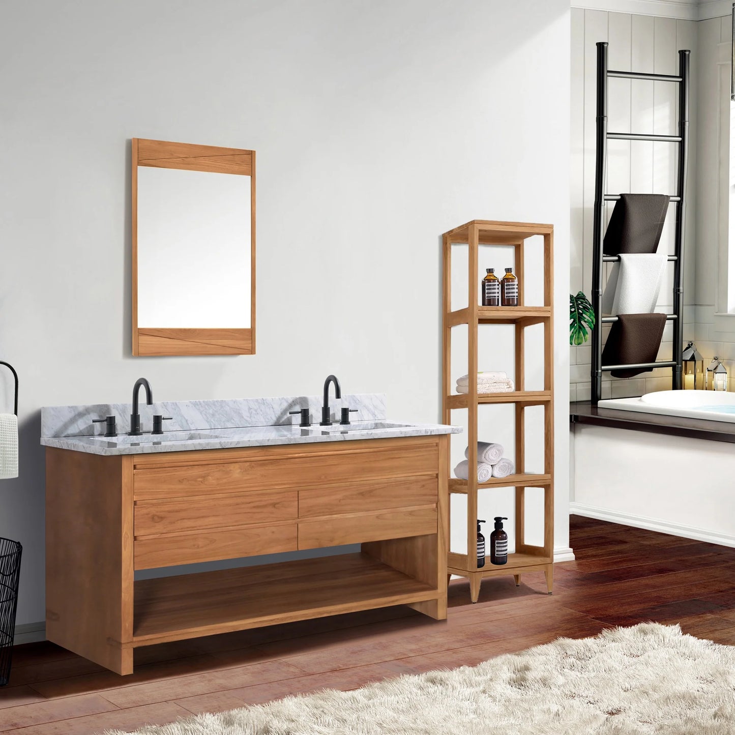 Kai 48" Freestanding Bathroom Vanity with Carrara White Natural Marble Top and Vitreous China Undermount Sinks