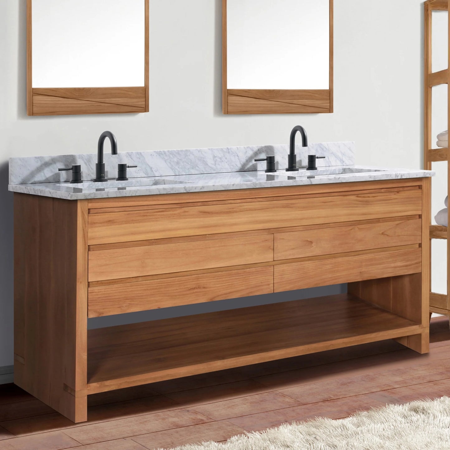 Kai 60" Freestanding Bathroom Vanity with Carrara White Natural Marble Top and Vitreous China Undermount Sinks
