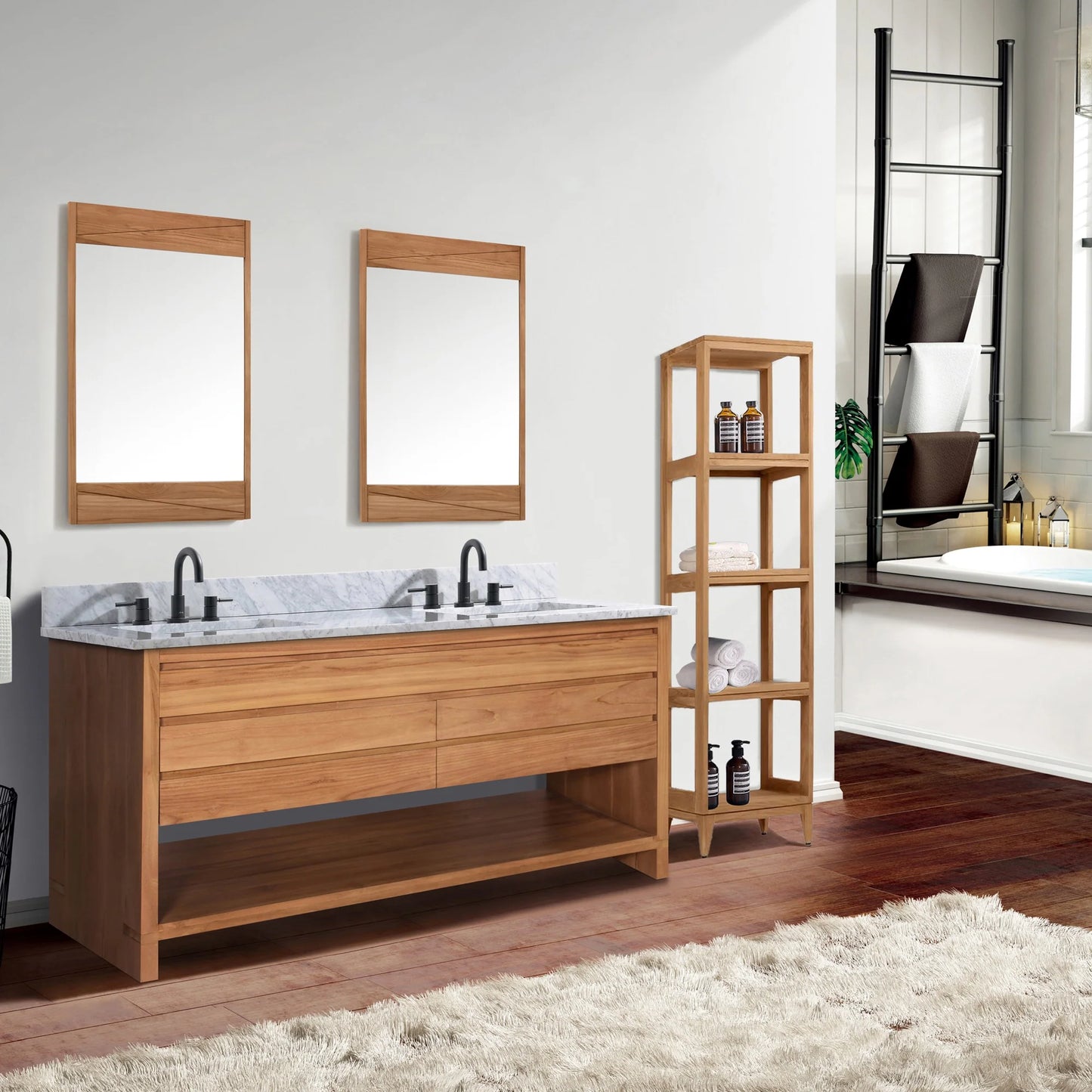 Kai 60" Freestanding Bathroom Vanity with Carrara White Natural Marble Top and Vitreous China Undermount Sinks