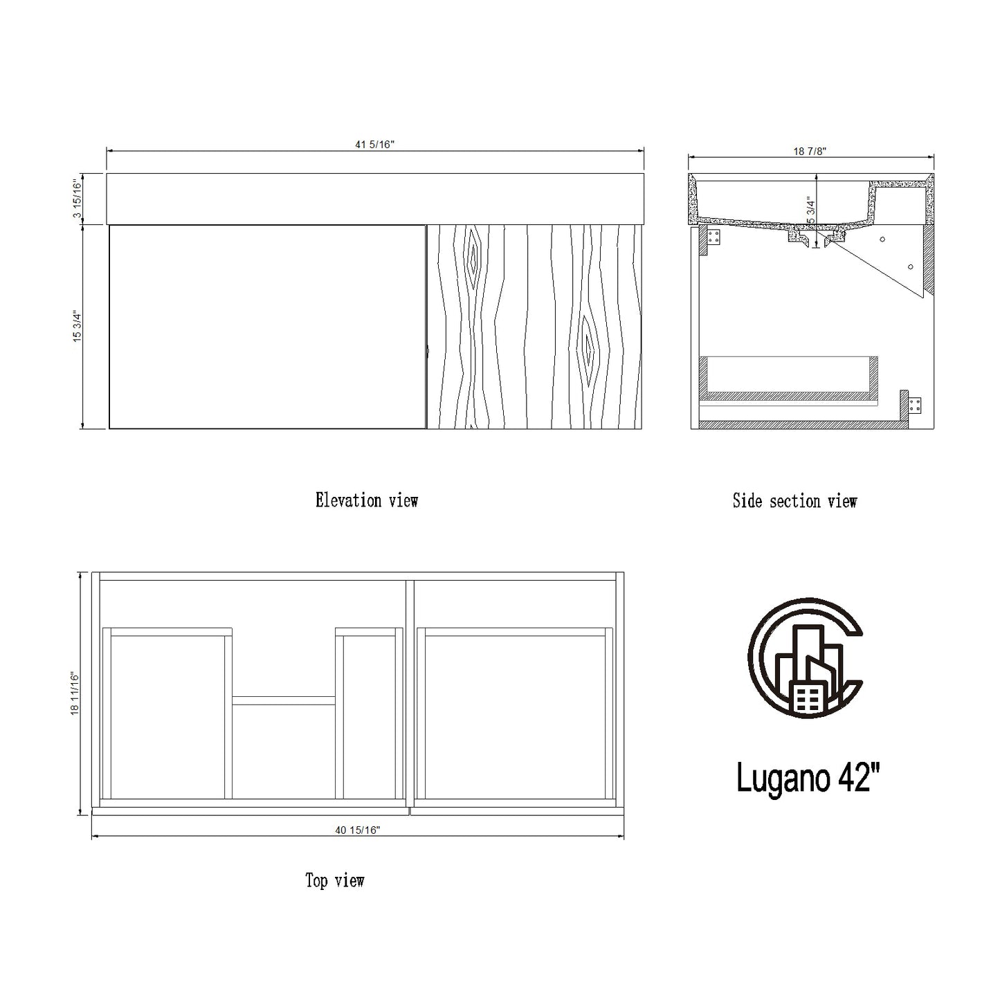 Lugano 42" Wall Mounted Bathroom Vanity with Reinforced Acrylic Integrated Sink Top