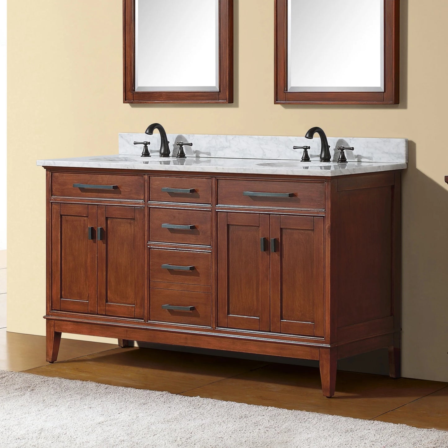 Madison 60" Freestanding Bathroom Vanity with Carrara White Natural Marble Top and Vitreous China Undermount Sinks
