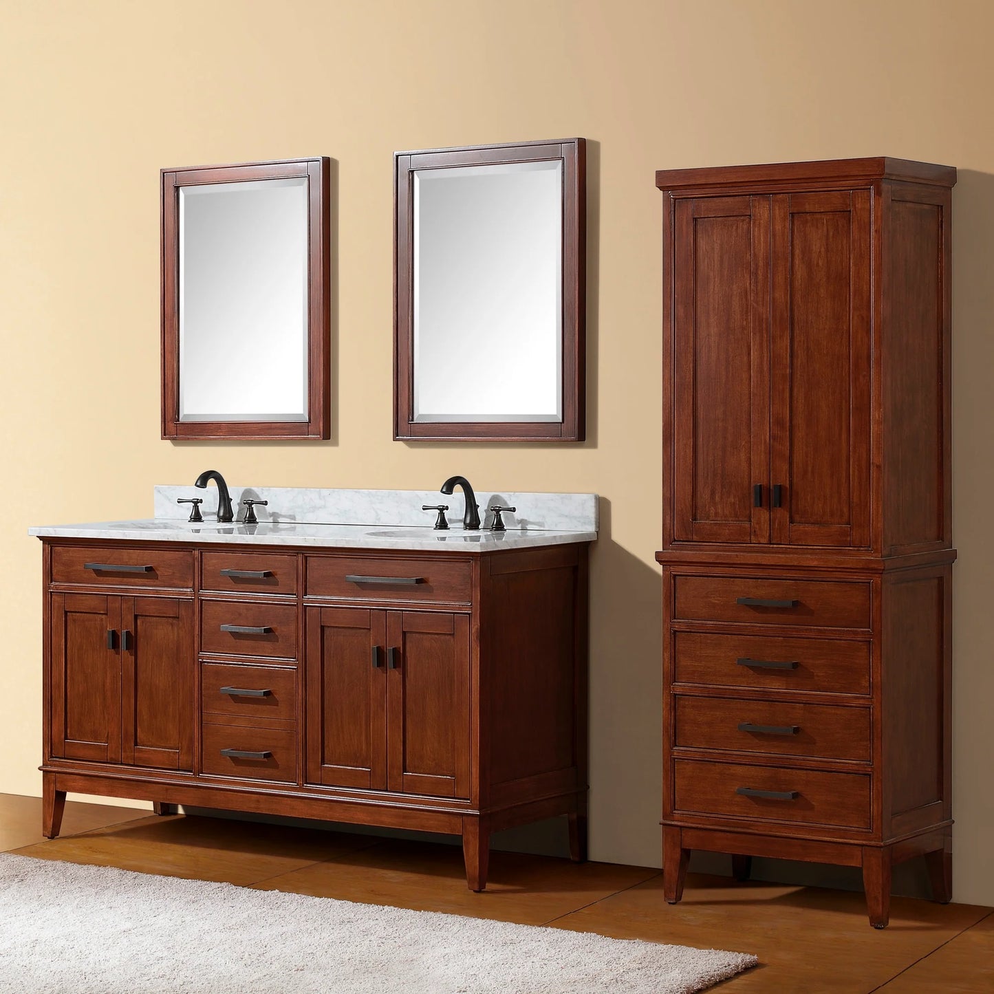 Madison 60" Freestanding Bathroom Vanity with Carrara White Natural Marble Top and Vitreous China Undermount Sinks