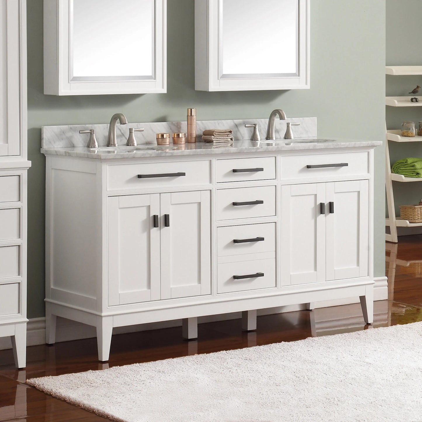 Madison 60" Freestanding Bathroom Vanity with Carrara White Natural Marble Top and Vitreous China Undermount Sinks