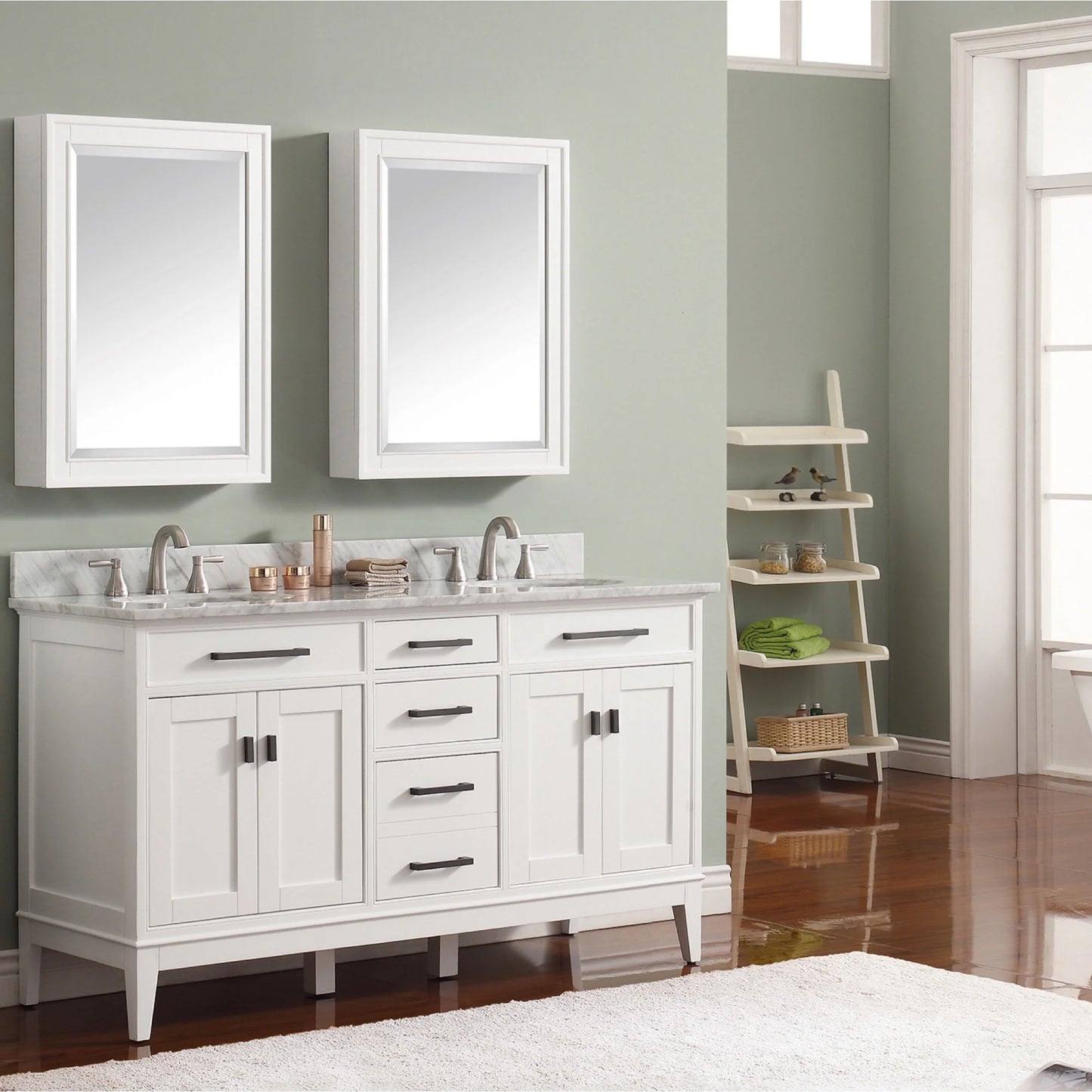 Madison 60" Freestanding Bathroom Vanity with Carrara White Natural Marble Top and Vitreous China Undermount Sinks