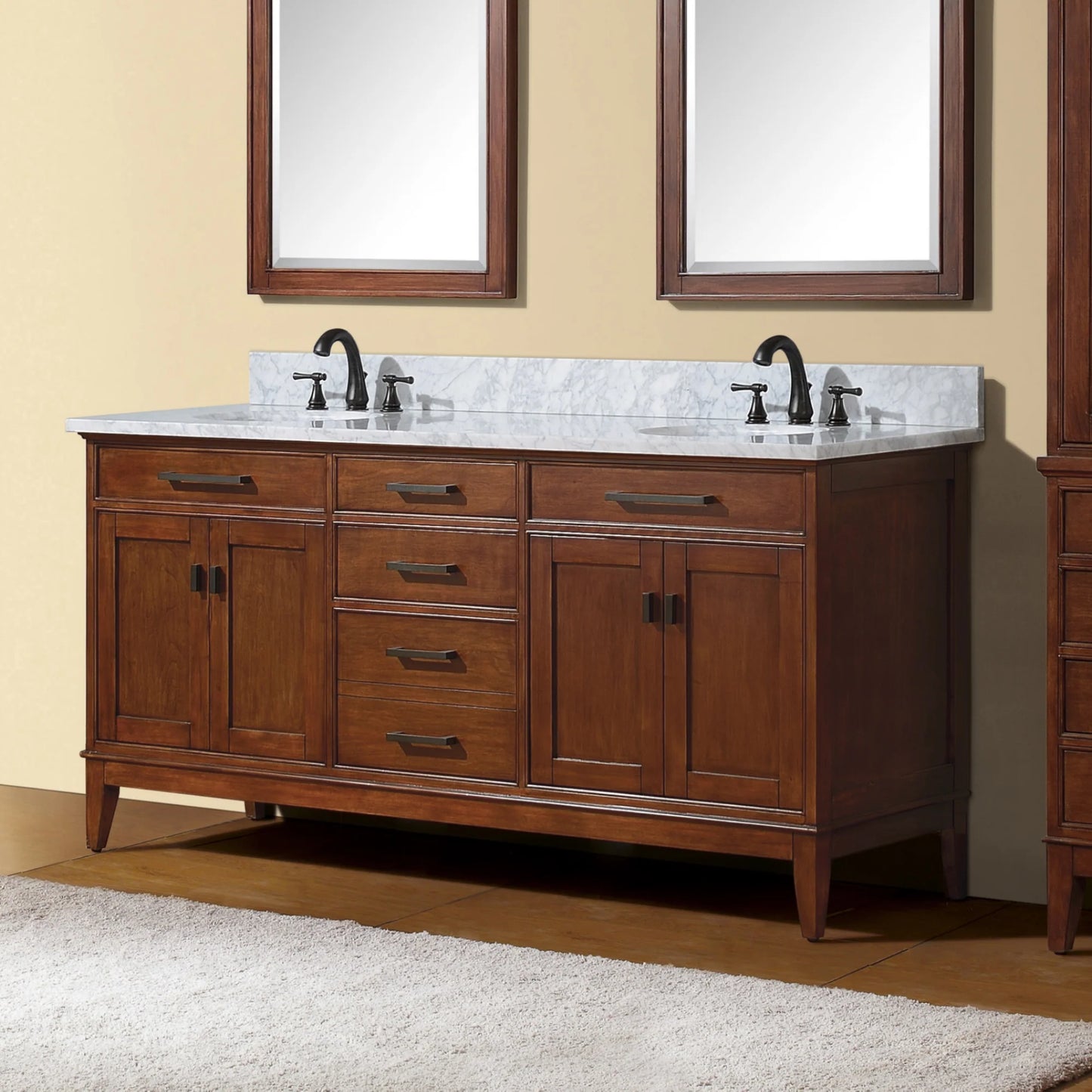 Madison 72" Freestanding Bathroom Vanity with Carrara White Natural Marble Top and Vitreous China Undermount Sinks