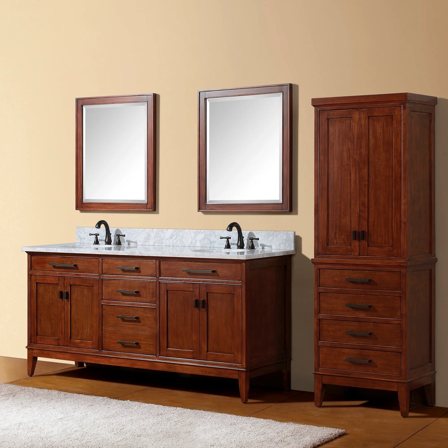 Madison 72" Freestanding Bathroom Vanity with Carrara White Natural Marble Top and Vitreous China Undermount Sinks