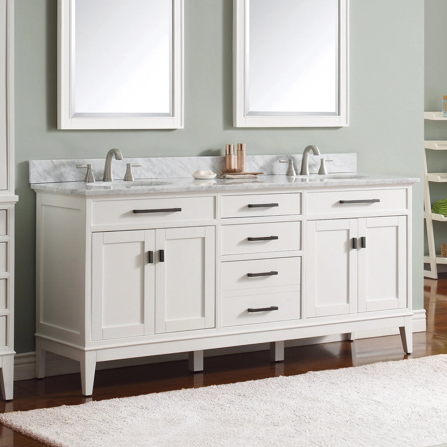 Madison 72" Freestanding Bathroom Vanity with Carrara White Natural Marble Top and Vitreous China Undermount Sinks