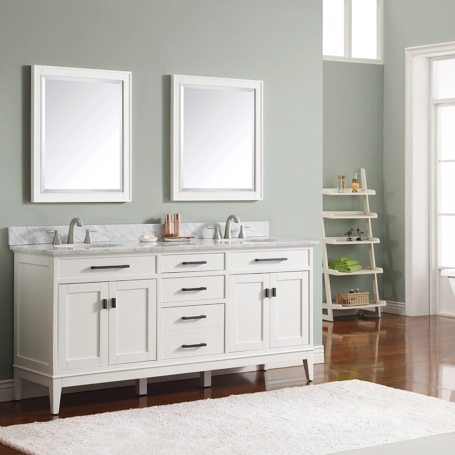 Madison 72" Freestanding Bathroom Vanity with Carrara White Natural Marble Top and Vitreous China Undermount Sinks